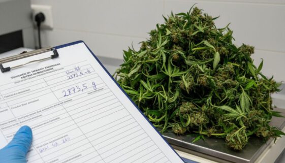 Ein großer, nasser Klumpen Cannabispflanzenmaterial auf einer Waage; das hohe Gewicht wird auf einem Protokoll notiert.