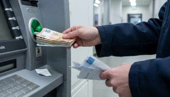 Die Hand einer Putzkraft zieht einen dicken Stapel Euro-Banknoten aus dem Automaten; die Debitkarte steckt noch.