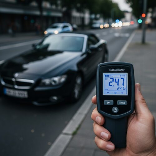 Nahaufnahme: Das Display eines Atemalkohol-Testgeräts zeigt den Wert "2.47", gehalten von der zittrigen Hand eines alkoholisierten Fahrers.