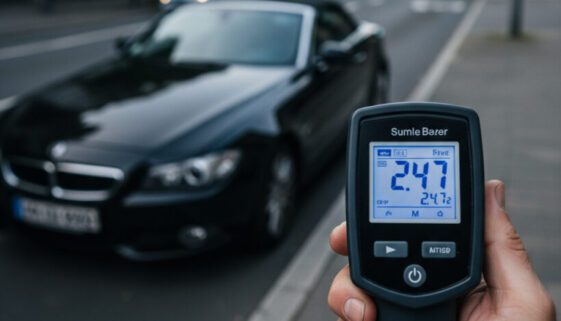 Nahaufnahme: Das Display eines Atemalkohol-Testgeräts zeigt den Wert "2.47", gehalten von der zittrigen Hand eines alkoholisierten Fahrers.