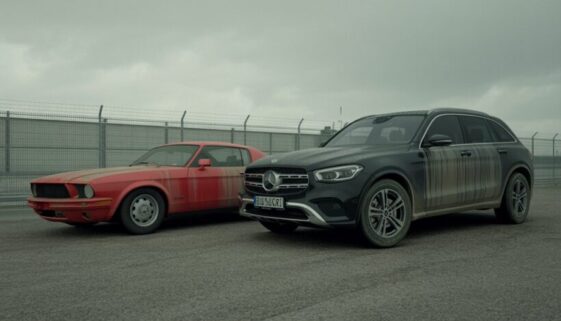 Zwei verlassene Luxusfahrzeuge, ein roter Mustang und ein schwarzer GLC, stehen staubbedeckt auf einem umzäunten Lagerplatz.
