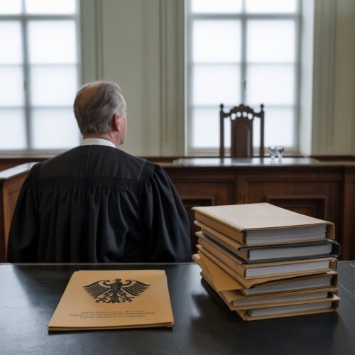 Ein Richter in Robe blickt über den Tisch auf einen leeren Stuhl in der Angeklagtenbank eines Gerichtssaals.