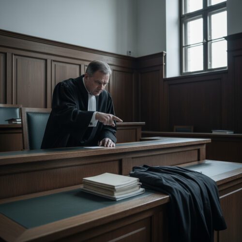 Ein Richter in schwarzer Robe zeigt mit ausgestrecktem Finger auf einen Stapel abgenutzter Schulhefte und eine gefaltete Jacke.