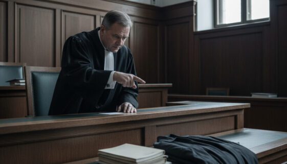 Ein Richter in schwarzer Robe zeigt mit ausgestrecktem Finger auf einen Stapel abgenutzter Schulhefte und eine gefaltete Jacke.