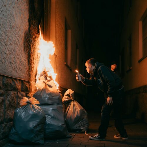 Zwei junge Männer entzünden in der dunklen Gasse Müllsäcke, deren helle Flammen schnell an der steinernen Hausfassade emporsteigen.