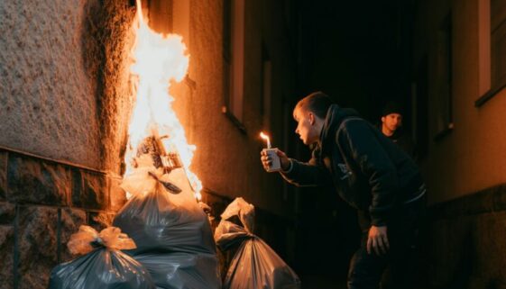 Zwei junge Männer entzünden in der dunklen Gasse Müllsäcke, deren helle Flammen schnell an der steinernen Hausfassade emporsteigen.