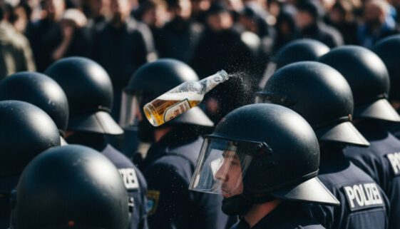 Eine halbvolle Glasbierflasche prallt auf den Schutzhelm eines uniformierten Polizisten.