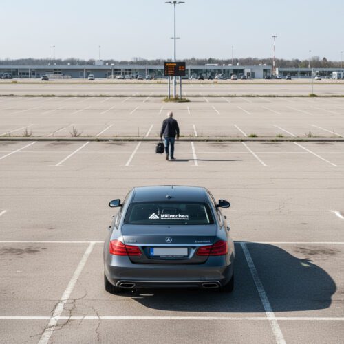 Ein hastig gehender Mann lässt einen makellosen Premium-Mietwagen auf einem leeren, sonnigen Flughafenparkplatz zurück.