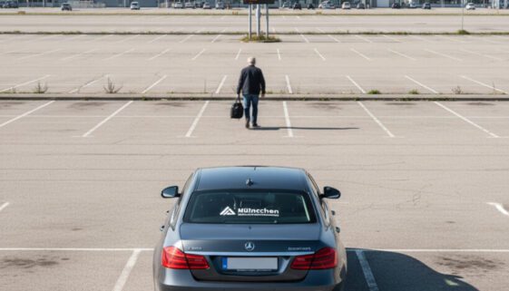 Ein hastig gehender Mann lässt einen makellosen Premium-Mietwagen auf einem leeren, sonnigen Flughafenparkplatz zurück.