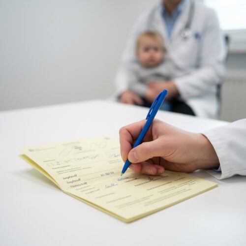 Nahaufnahme eines Arztes, der einen Impfeintrag in den hellgelben Impfausweis schreibt, obwohl keine Impfung durchgeführt wurde.