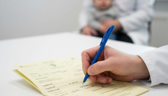 Nahaufnahme eines Arztes, der einen Impfeintrag in den hellgelben Impfausweis schreibt, obwohl keine Impfung durchgeführt wurde.
