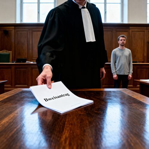 Ein Verteidiger in Robe überreicht dem Richter einen gefalteten, schriftlichen Beweisantrag.