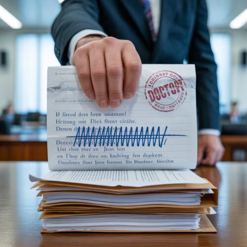 Nahaufnahme eines ärztlichen Protokolls mit kritisch gehaltener, fehlerhafter Handschrift, die einen Rechtschreibfehler in der Diagnose zeigt.