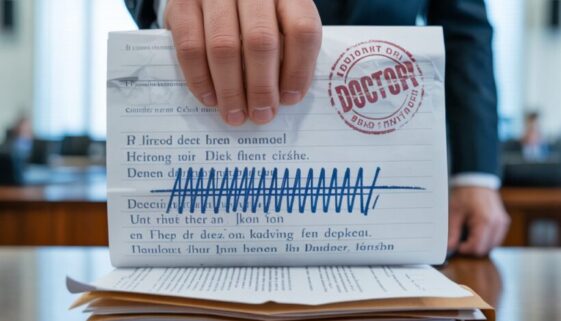 Nahaufnahme eines ärztlichen Protokolls mit kritisch gehaltener, fehlerhafter Handschrift, die einen Rechtschreibfehler in der Diagnose zeigt.