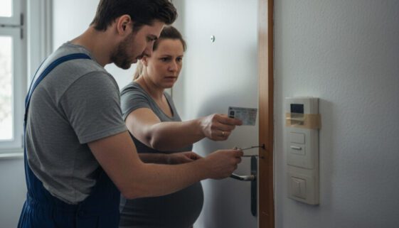 Eine schwangere Frau hält einen Ausweis, während ein Handwerker konzentriert das Schloss einer Etagenwohnungstür öffnet.