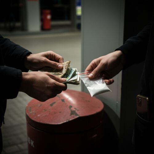 Nahaufnahme des schnellen Austauschs von zerknüllten Geldscheinen gegen einen winzigen, durchscheinenden Plastikbeutel mit weißem Pulver.