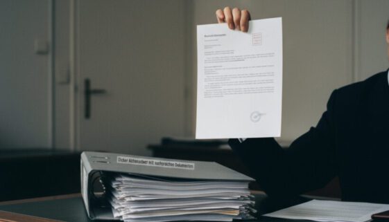 Die Hand eines Beamten hält ein formelles, dünnes Ablehnungsblatt hoch, im Kontrast zu einem dicken Aktenordner voller Beweise auf dem Schreibtisch.