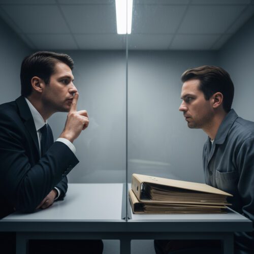 Die Hand eines Anwalts presst den Zeigefinger vertraulich vor die Lippen, getrennt vom Mandanten durch eine dicke Scheibe.