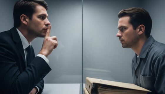 Die Hand eines Anwalts presst den Zeigefinger vertraulich vor die Lippen, getrennt vom Mandanten durch eine dicke Scheibe.