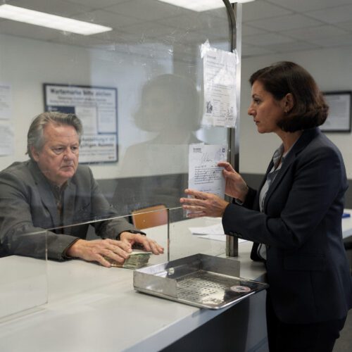 Frau presst unterzeichnetes Dokument gegen Glasscheibe, während eine Hand dahinter Geldscheine am Tresen fest blockiert.