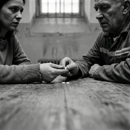 Zwei weiße Tabletten werden heimlich über einen Holztisch von einer Frau zu einem Häftling in dunkler Uniform geschoben.