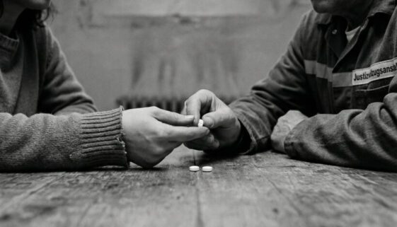 Zwei weiße Tabletten werden heimlich über einen Holztisch von einer Frau zu einem Häftling in dunkler Uniform geschoben.