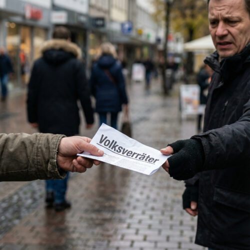 In einer Fußgängerzone wird ein zerknittertes Flugblatt mit dem beleidigenden Begriff „Volksverräter“ an einen Passanten überreicht.