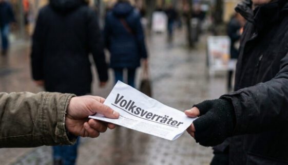 In einer Fußgängerzone wird ein zerknittertes Flugblatt mit dem beleidigenden Begriff „Volksverräter“ an einen Passanten überreicht.