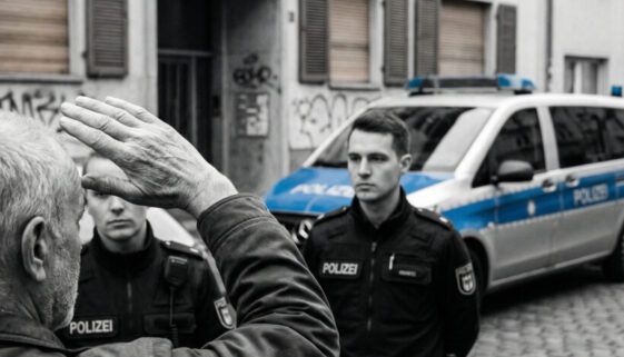 Ein Bürger macht mit einer wischenden Handbewegung die Scheibenwischer-Geste direkt vor den Gesichtern uniformierter Polizisten.