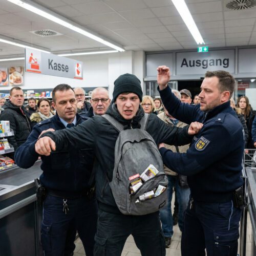 Gewalttätiger Kampf am Supermarktausgang: Ein Mann schlägt einen Beamten; Sicherheitsleute halten ihn fest, der Rucksack quillt vor Zigarettenschachteln.