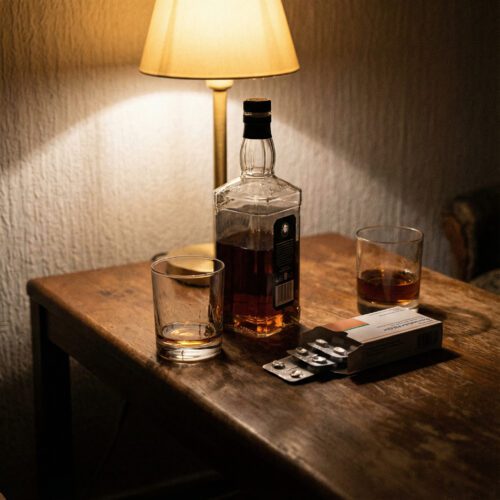 Eine ungeordnete Nahaufnahme zeigt eine Whiskeyflasche, ungleich gefüllte Gläser und eine offene Medikamentenschachtel auf einem späten Abendtisch.