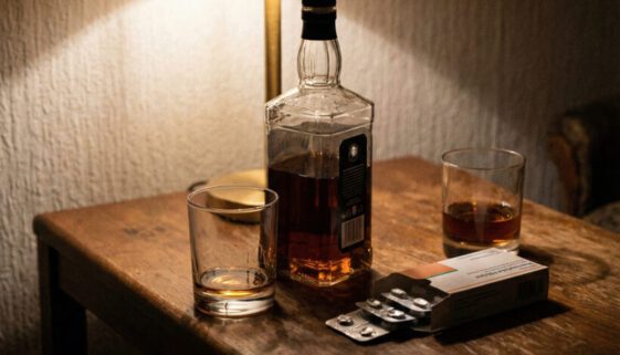 Eine ungeordnete Nahaufnahme zeigt eine Whiskeyflasche, ungleich gefüllte Gläser und eine offene Medikamentenschachtel auf einem späten Abendtisch.