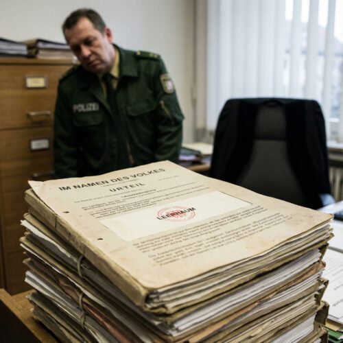 Ein frustrierter, uniformierter Polizist blickt auf ein offizielles Gerichts-Urteil, dessen Passus zur Entschädigung auffällig fehlt.