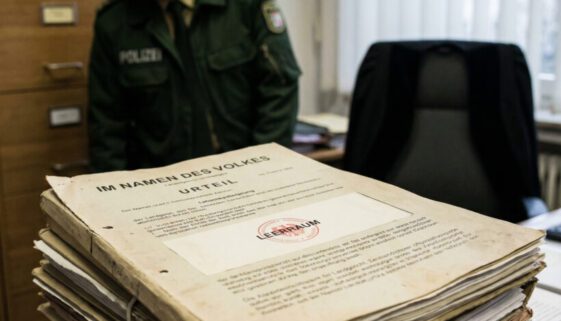 Ein frustrierter, uniformierter Polizist blickt auf ein offizielles Gerichts-Urteil, dessen Passus zur Entschädigung auffällig fehlt.