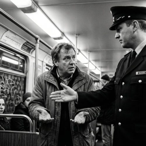 Im U-Bahn-Waggon zeigt ein Pendler dem uniformierten Kontrolleur seine leeren Hände in einer Geste angespannter Hilflosigkeit.