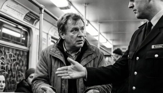 Im U-Bahn-Waggon zeigt ein Pendler dem uniformierten Kontrolleur seine leeren Hände in einer Geste angespannter Hilflosigkeit.