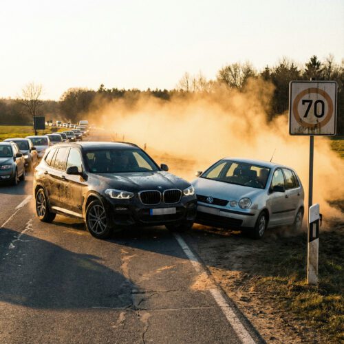 Dunkler SUV rast knapp an einem querstehenden Kleinwagen vorbei, der bei seinem Ausweichmanöver eine riesige Staubwolke aufwirbelt.