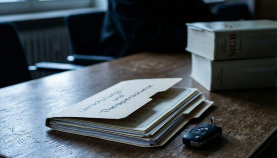 Aus einer Mappe ragen sorgfältig aufbereitete Bescheinigungen und ein Autoschlüssel auf einem Gerichtstisch vor einem Richter hervor.