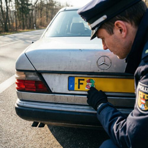Ein uniformierter Polizist prüft misstrauisch eine gefälschte Prüfplakette auf einem ausländischen Kennzeichen.