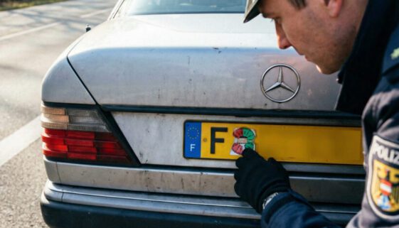 Ein uniformierter Polizist prüft misstrauisch eine gefälschte Prüfplakette auf einem ausländischen Kennzeichen.