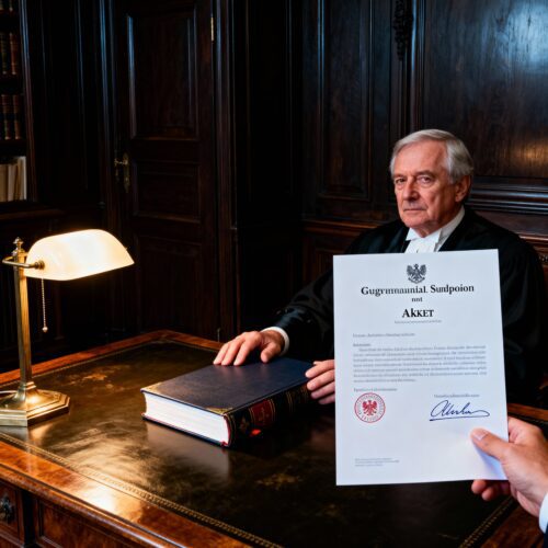 Ein Notar hält eine dicke, notarielle Akte angespannt fest, konfrontiert von einem Beamten, der ein amtlich gestempeltes Herausgabeschreiben präsentiert.