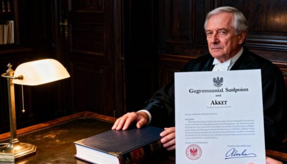 Ein Notar hält eine dicke, notarielle Akte angespannt fest, konfrontiert von einem Beamten, der ein amtlich gestempeltes Herausgabeschreiben präsentiert.