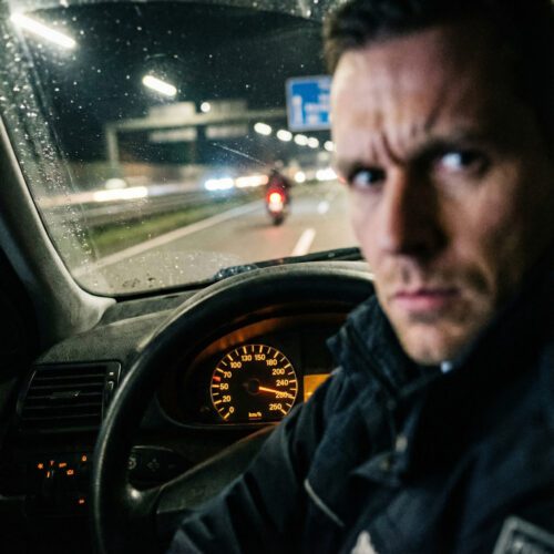 Nahaufnahme: Der beleuchtete Tachometer eines zivilen Streifenwagens zeigt im Höchstbereich eine extreme Geschwindigkeit bei Nacht an.