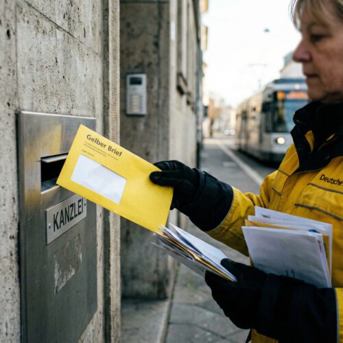 Die Postzustellerin schiebt einen Gerichtsumschlag mit leerem Datumsfeld schnell in den Briefkastenschlitz einer Kanzlei.
