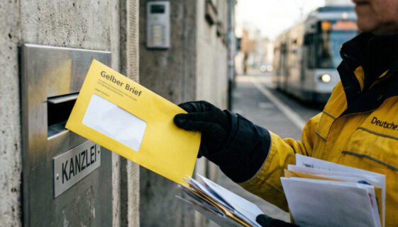 Die Postzustellerin schiebt einen Gerichtsumschlag mit leerem Datumsfeld schnell in den Briefkastenschlitz einer Kanzlei.