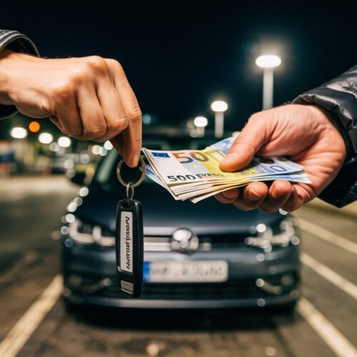 Auf einem dunklen Parkplatz werden ein Autoschlüssel mit Mietanhänger und ein Bündel Geldscheine getauscht.