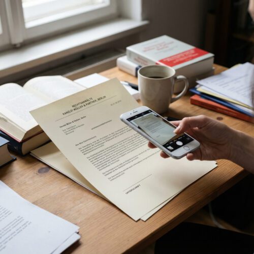 Nahaufnahme: Ein Smartphone wird über ein Anwaltsdokument mit leerem Unterschriftsfeld gehalten.