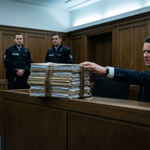 Gestreckte Anwaltshand greift über einen dunklen Tisch nach einem massiven Stapel versiegelter Ermittlungsakten.