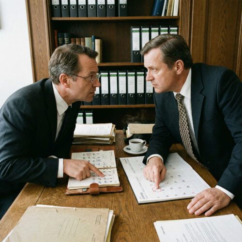 Ein Mann deutet auf seinen Taschenkalender, während ein anderer den Zeigefinger fest auf ein Feld im Tischkalender presst.