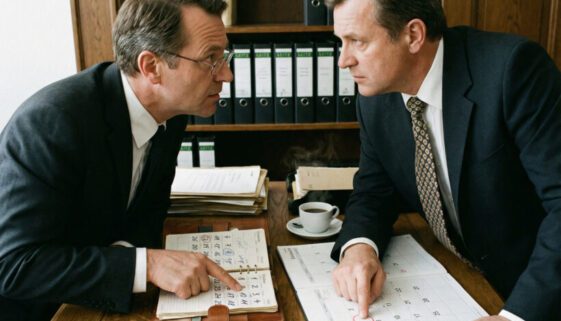 Ein Mann deutet auf seinen Taschenkalender, während ein anderer den Zeigefinger fest auf ein Feld im Tischkalender presst.